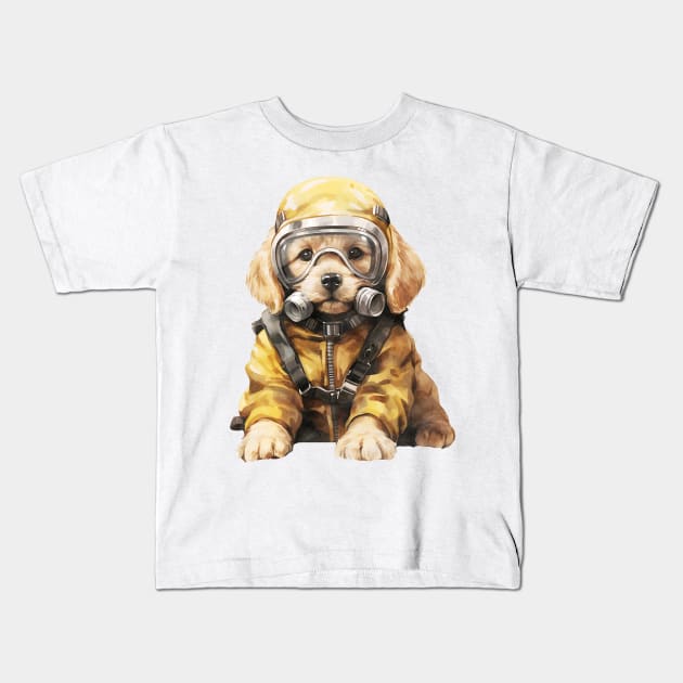 Golden Retriever Dog Wearing Gas Mask Kids T-Shirt by Chromatic Fusion Studio